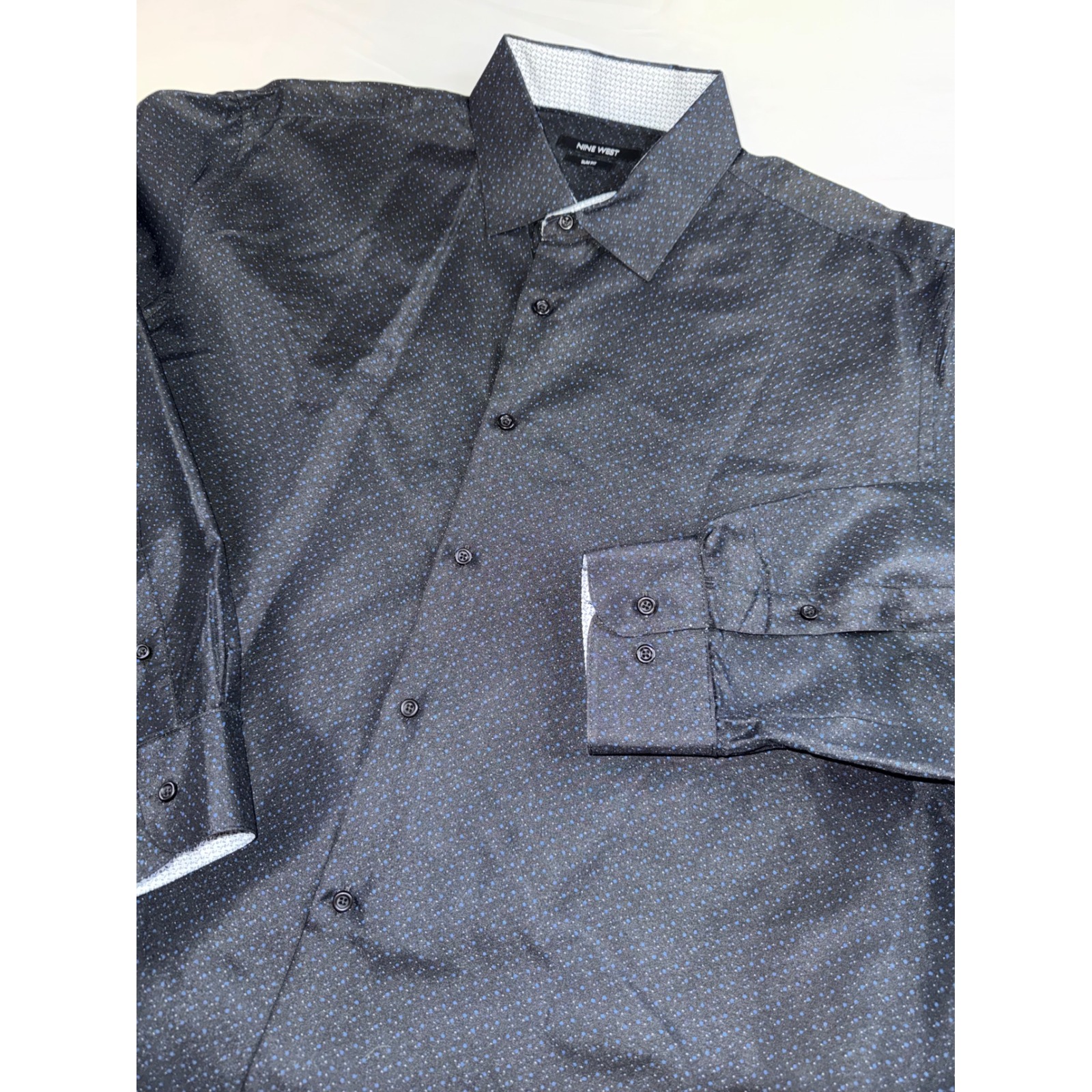 Nine West Mens Slim Fit Dress Shirt Xl 17-17.5 34/35 Black Blue Micro Dot Nwot